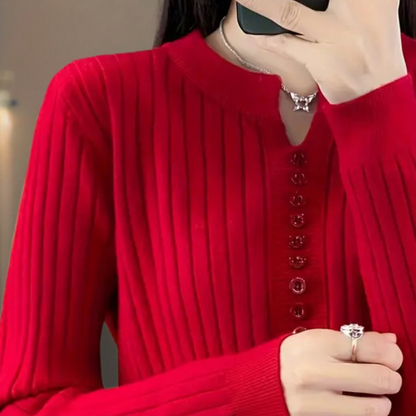 Dame Ribbet Langærmet Striksweater Med Knapudskæring