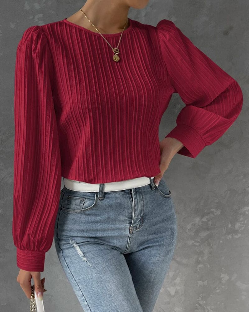 Dámská halenka s balónovými rukávy a kulatým výstřihem ze směsi bavlny – elegantní top na každý den, do kanceláře, na volný čas a v elegantně ležérním stylu