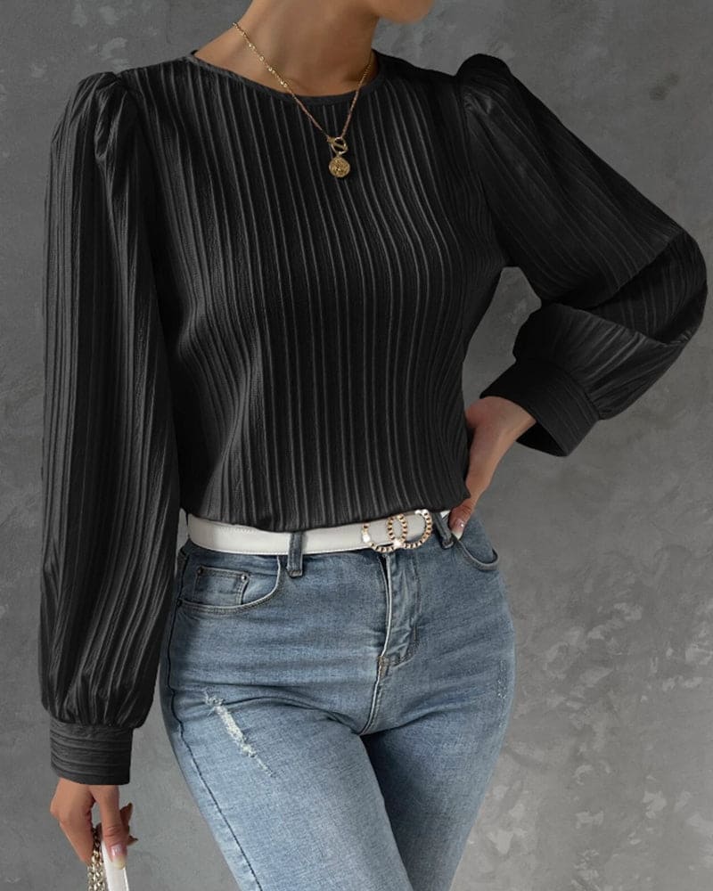 Dámská halenka s balónovými rukávy a kulatým výstřihem ze směsi bavlny – elegantní top na každý den, do kanceláře, na volný čas a v elegantně ležérním stylu