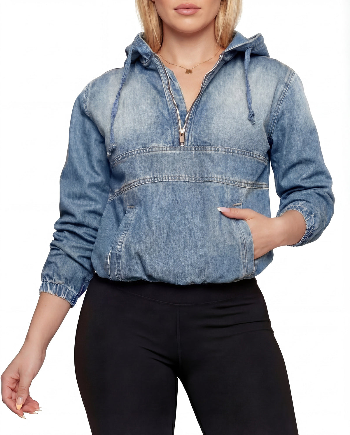 Women's Denim Hoodie with Half-Zip and Kangaroo Pocket – Casual Pullover for Everyday Wear and Modern Casual Style