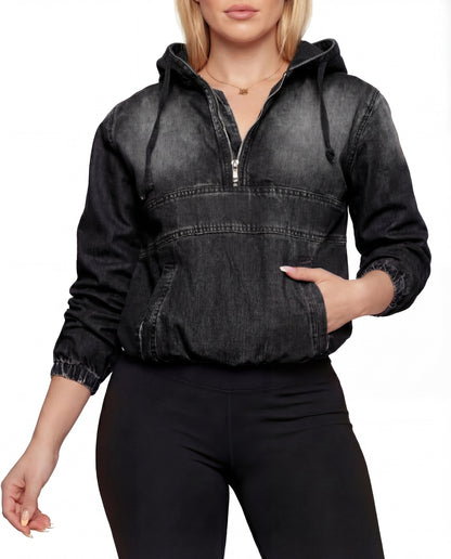 Women's Denim Hoodie with Half-Zip and Kangaroo Pocket – Casual Pullover for Everyday Wear and Modern Casual Style