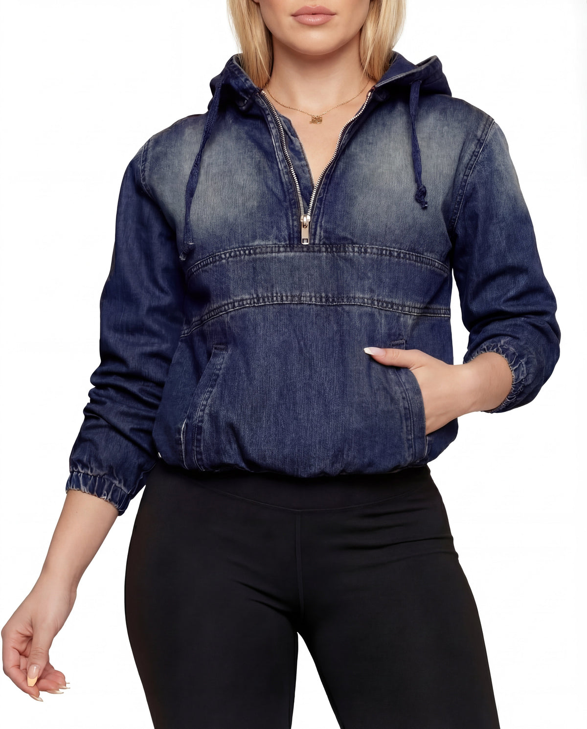 Women's Denim Hoodie with Half-Zip and Kangaroo Pocket – Casual Pullover for Everyday Wear and Modern Casual Style