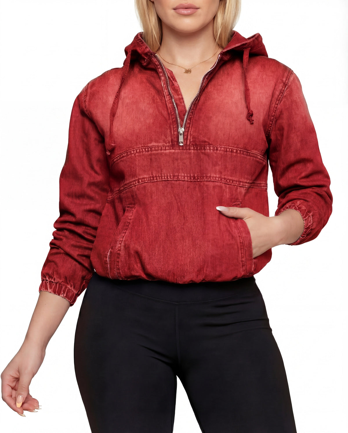 Women's Denim Hoodie with Half-Zip and Kangaroo Pocket – Casual Pullover for Everyday Wear and Modern Casual Style