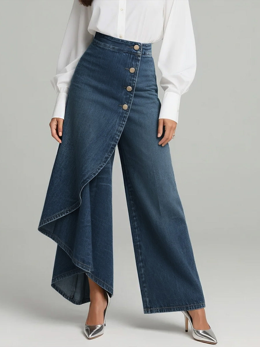 Dame Højtaljede Denim Palazzo Bukser Med Vide Ben