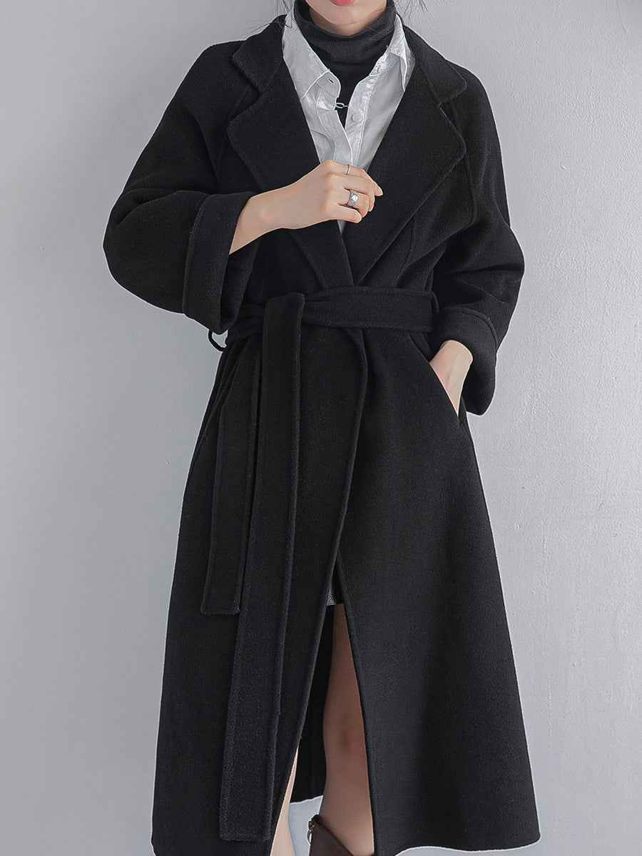 Abrigo largo de lana para mujer de corte extragrande, con cinturón y solapas - Elegante prenda de abrigo para el otoño y el día a día en la ciudad