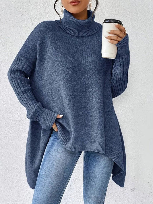 Pulover oversized cu guler pe gât pentru femei, tricotat cu nervuri și cu tiv asimetric – Pulover călduros și lejer pentru iarnă, purtare zilnică și ținute în straturi