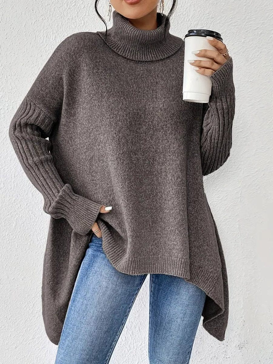 Dámský oversized rolák s žebrovaným úpletem a asymetrickým lemem – hřejivý a ležérní pletený svetr na zimu, každý den a pro vrstvení
