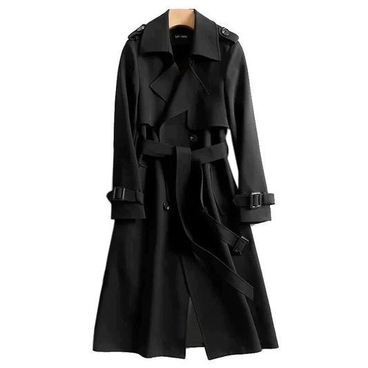 Dame Oversized Trenchcoat Med Dobbeltradet Lukning, Bælte, Brede Revers Og Bindedetaljer Ved Manchetterne – Elegant Overgangsfrakke Til Hverdagsbrug Og Stilfuld Lag-på-lag Styling