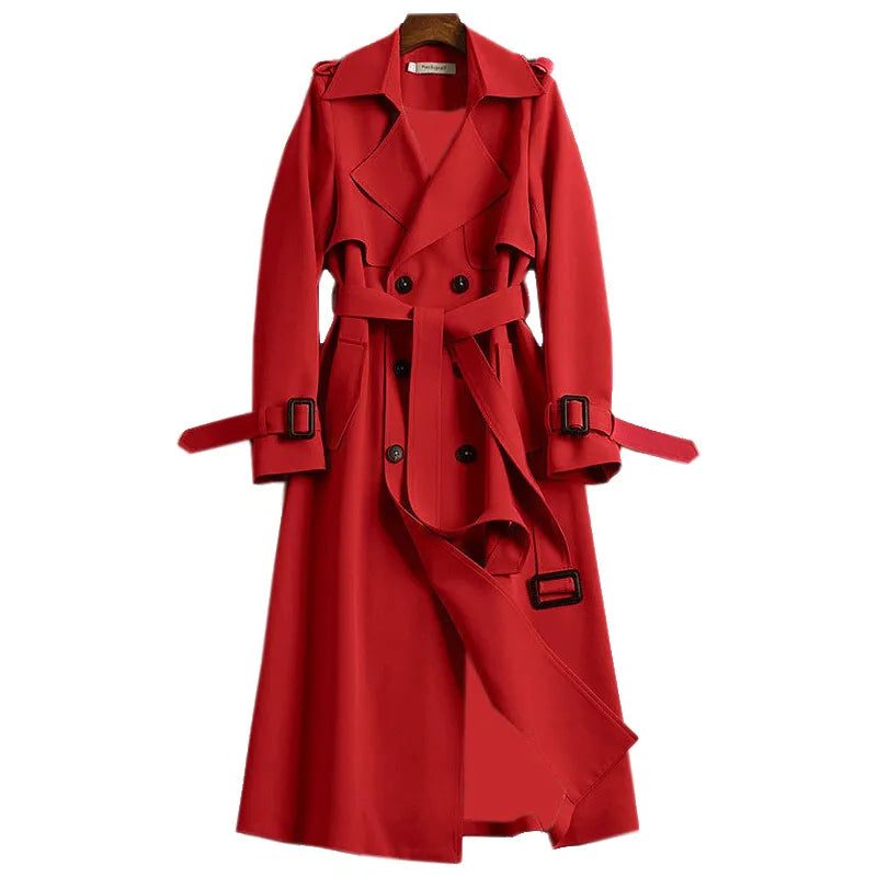 Dámský oversized trenčkot s dvouřadým zapínáním, páskem, širokými klopami a zavazovacími detaily na manžetách – elegantní přechodový kabát pro každodenní nošení a stylové vrstvení