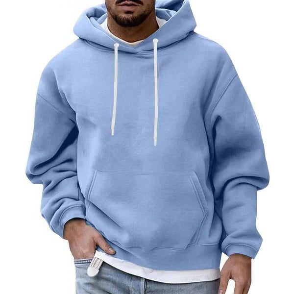 Męska oversize'owa bluza z kapturem, długimi rękawami, troczkami przy kapturze i kieszenią kangurką - ciepły pulower na chłodne dni, co dzień i swobodny styl casual