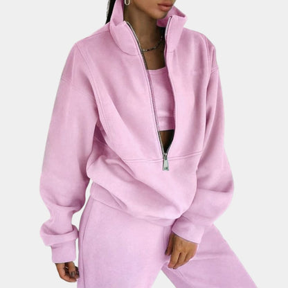 Dame Oversized Jogging­sæt Med Half-zip Sweatshirt, Høj Krave Og Joggerbukser Med Ribkanter – Komfortabelt Fritidssæt Til Hverdagsbrug, Afslapning Og Casual Styling
