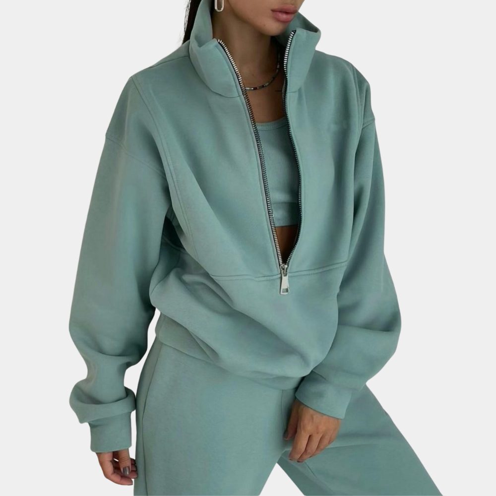 Dame Oversized Jogging­sæt Med Half-zip Sweatshirt, Høj Krave Og Joggerbukser Med Ribkanter – Komfortabelt Fritidssæt Til Hverdagsbrug, Afslapning Og Casual Styling