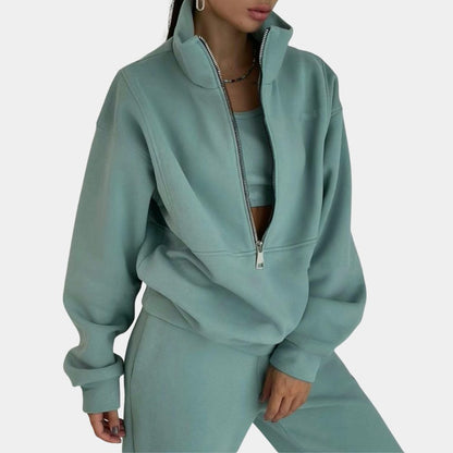 Dame Oversized Jogging­sæt Med Half-zip Sweatshirt, Høj Krave Og Joggerbukser Med Ribkanter – Komfortabelt Fritidssæt Til Hverdagsbrug, Afslapning Og Casual Styling