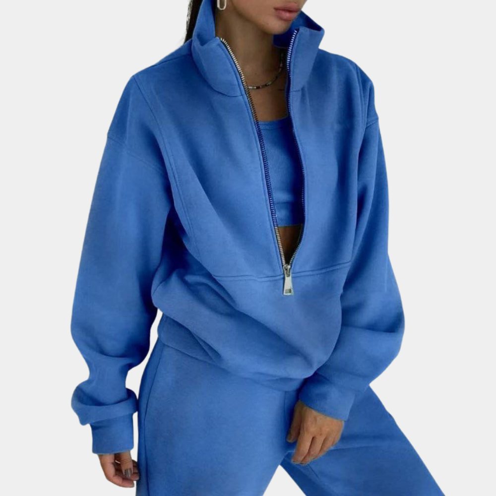 Dame Oversized Jogging­sæt Med Half-zip Sweatshirt, Høj Krave Og Joggerbukser Med Ribkanter – Komfortabelt Fritidssæt Til Hverdagsbrug, Afslapning Og Casual Styling