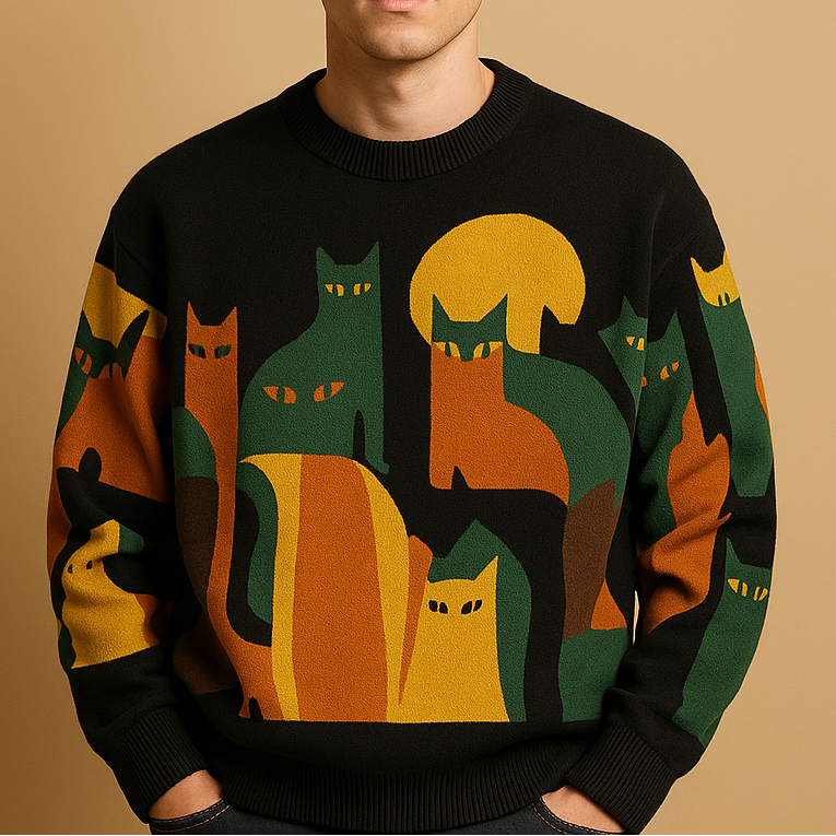 Men's oversized printed knit sweater with a crew neck - Soft, warm pullover for casual everyday wear, weekends, and autumn and winter