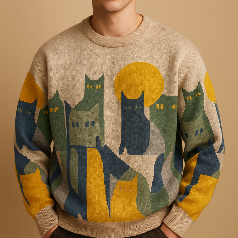 Men's oversized printed knit sweater with a crew neck - Soft, warm pullover for casual everyday wear, weekends, and autumn and winter