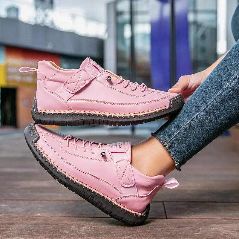 Dame Støttende Lædersneakers – Polstrede Afslappede Gåsko