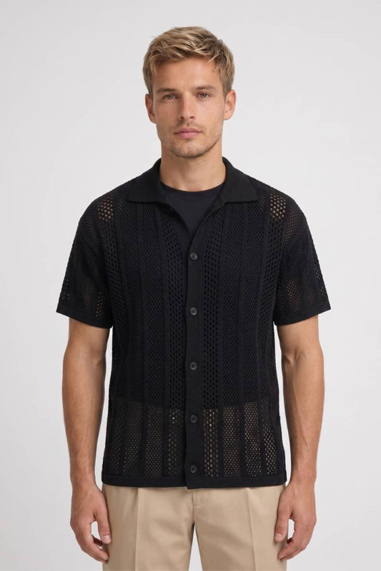Tricou polo bărbați cu tricotaj mesh texturat și nasturi în față  
