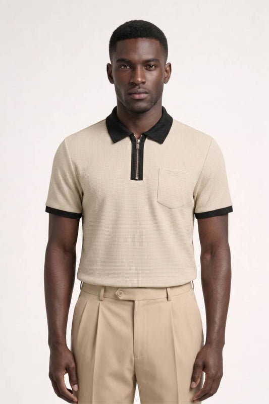 Tricou polo texturat bărbați cu fermoar și buzunar la piept  