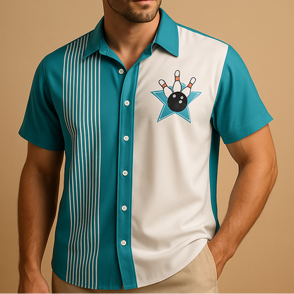 Men’s short-sleeved polo shirt with retro print and bowling-inspired design - casual polyester top for summer, weekends, and leisure