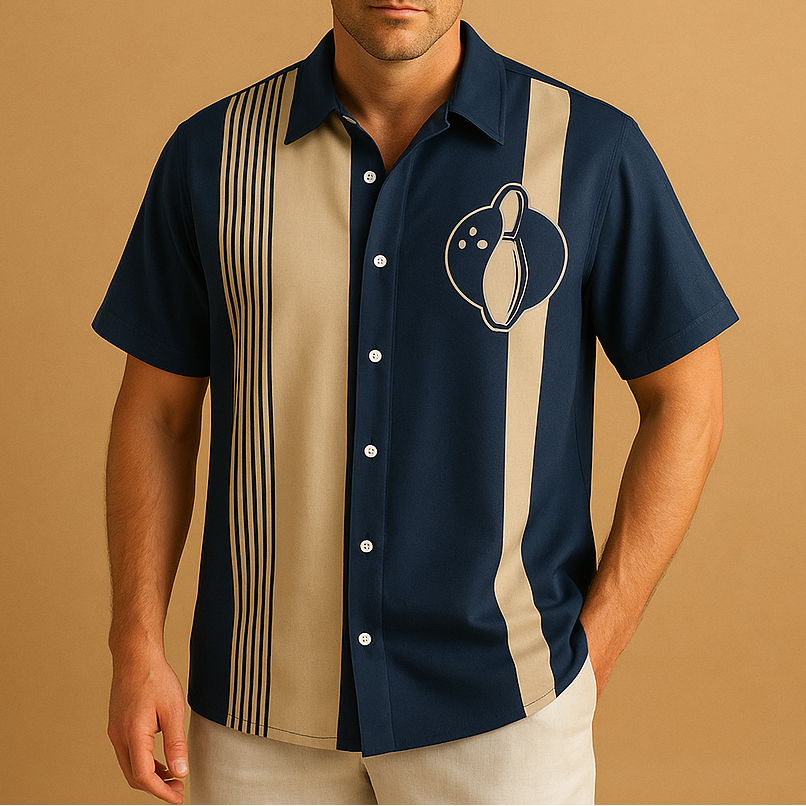 Men’s short-sleeved polo shirt with retro print and bowling-inspired design - casual polyester top for summer, weekends, and leisure