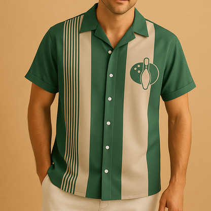 Men’s short-sleeved polo shirt with retro print and bowling-inspired design - casual polyester top for summer, weekends, and leisure