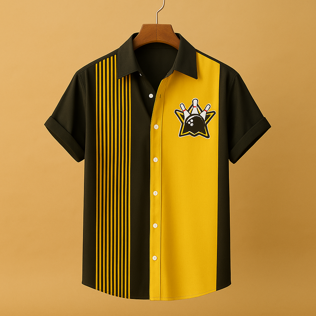 Men’s short-sleeved polo shirt with retro print and bowling-inspired design - casual polyester top for summer, weekends, and leisure