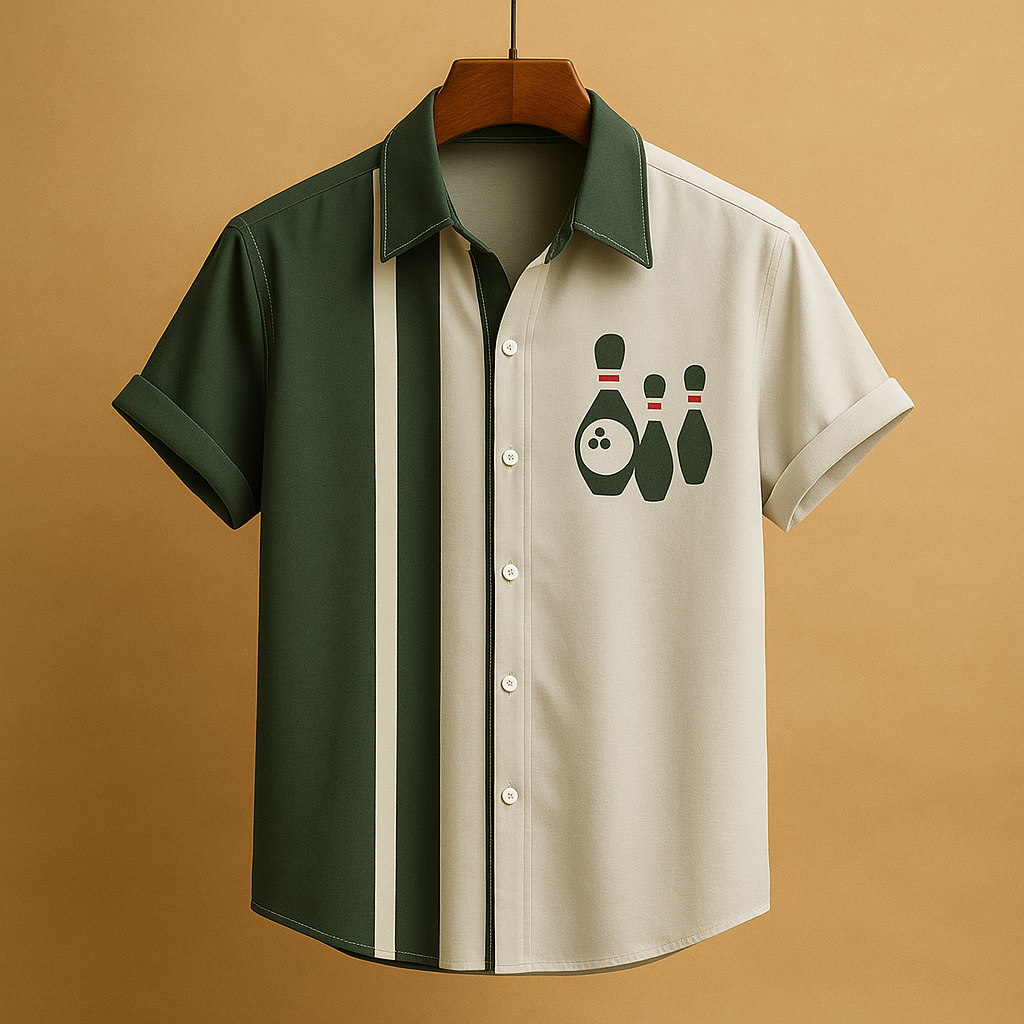 Men’s short-sleeved polo shirt with retro print and bowling-inspired design - casual polyester top for summer, weekends, and leisure