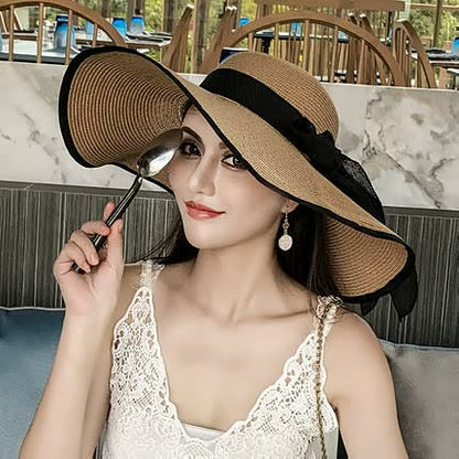 Women's straw hat with a wide brim and bow detail – elegant summer hat for the beach, holidays, garden, and sunny days