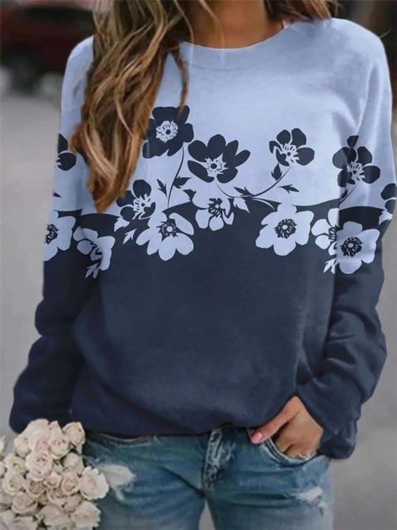 Dame Blomstret Color-block Sweatshirt Med Rund Hals Og Figursyet Pasform – Stilfuld Pullover Til Hverdagsbrug, Fritid Og Casual Stil