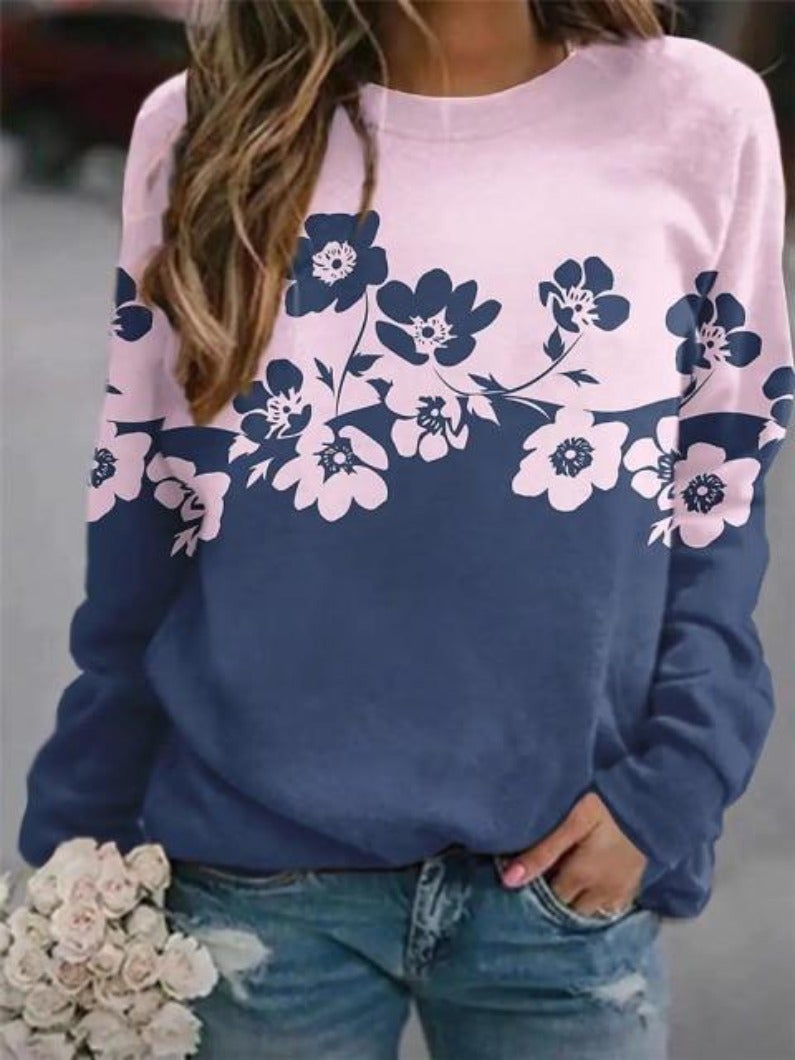 Dame Blomstret Color-block Sweatshirt Med Rund Hals Og Figursyet Pasform – Stilfuld Pullover Til Hverdagsbrug, Fritid Og Casual Stil