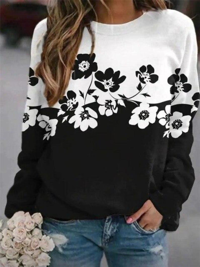 Dame Blomstret Color-block Sweatshirt Med Rund Hals Og Figursyet Pasform – Stilfuld Pullover Til Hverdagsbrug, Fritid Og Casual Stil