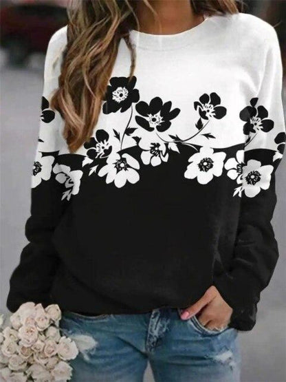 Dame Blomstret Color-block Sweatshirt Med Rund Hals Og Figursyet Pasform – Stilfuld Pullover Til Hverdagsbrug, Fritid Og Casual Stil