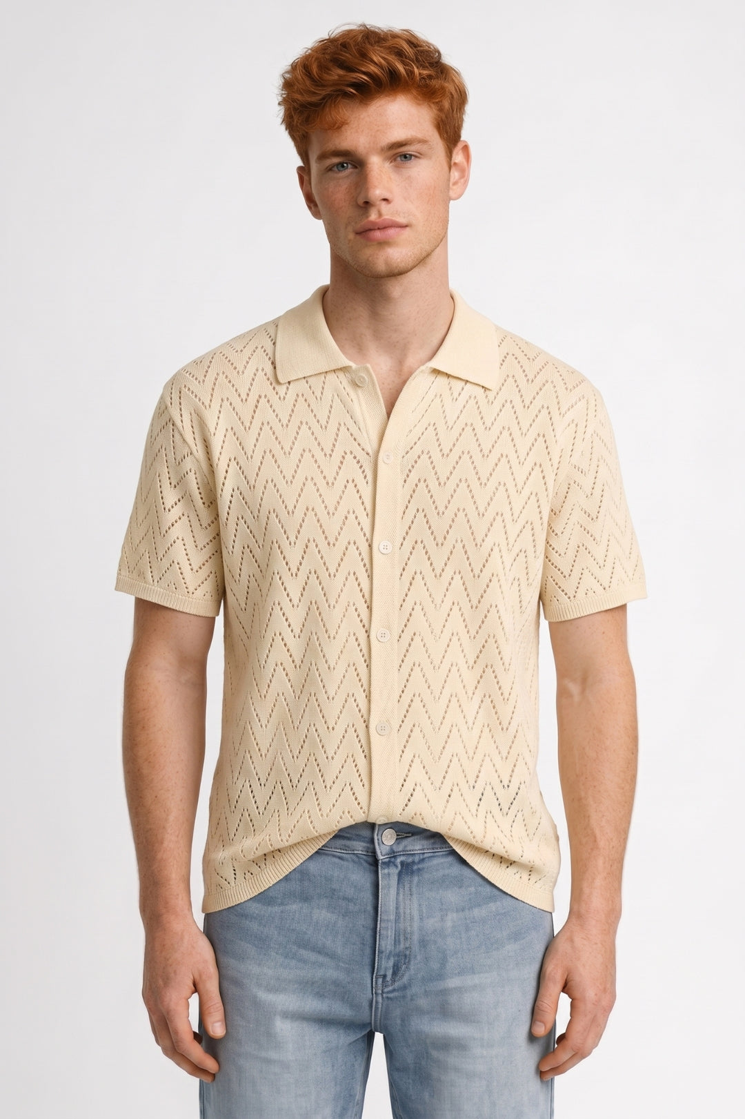 Herre Printet Strikpoloshirt Med Knapfront