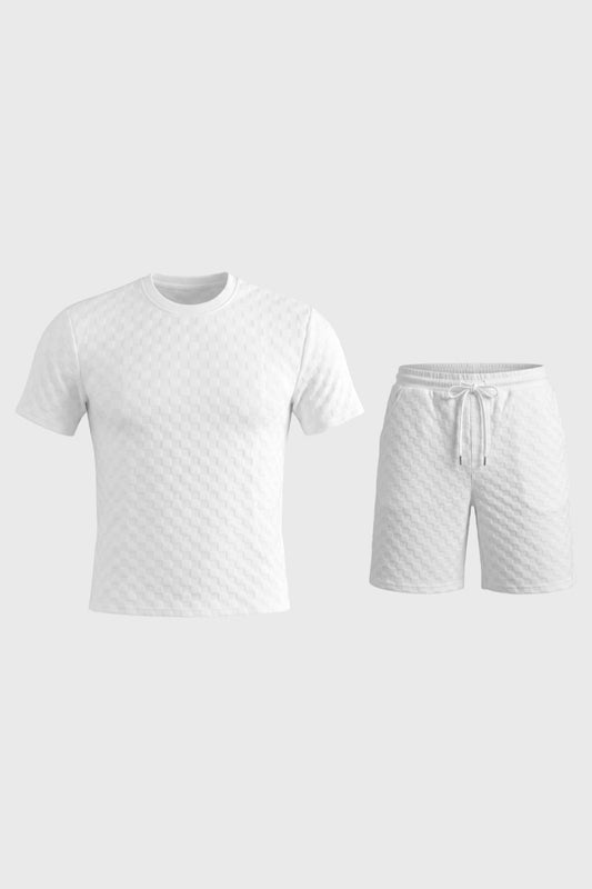 Set tricou bărbați cu textură waffel și pantaloni scurți lejeri cu șnur  