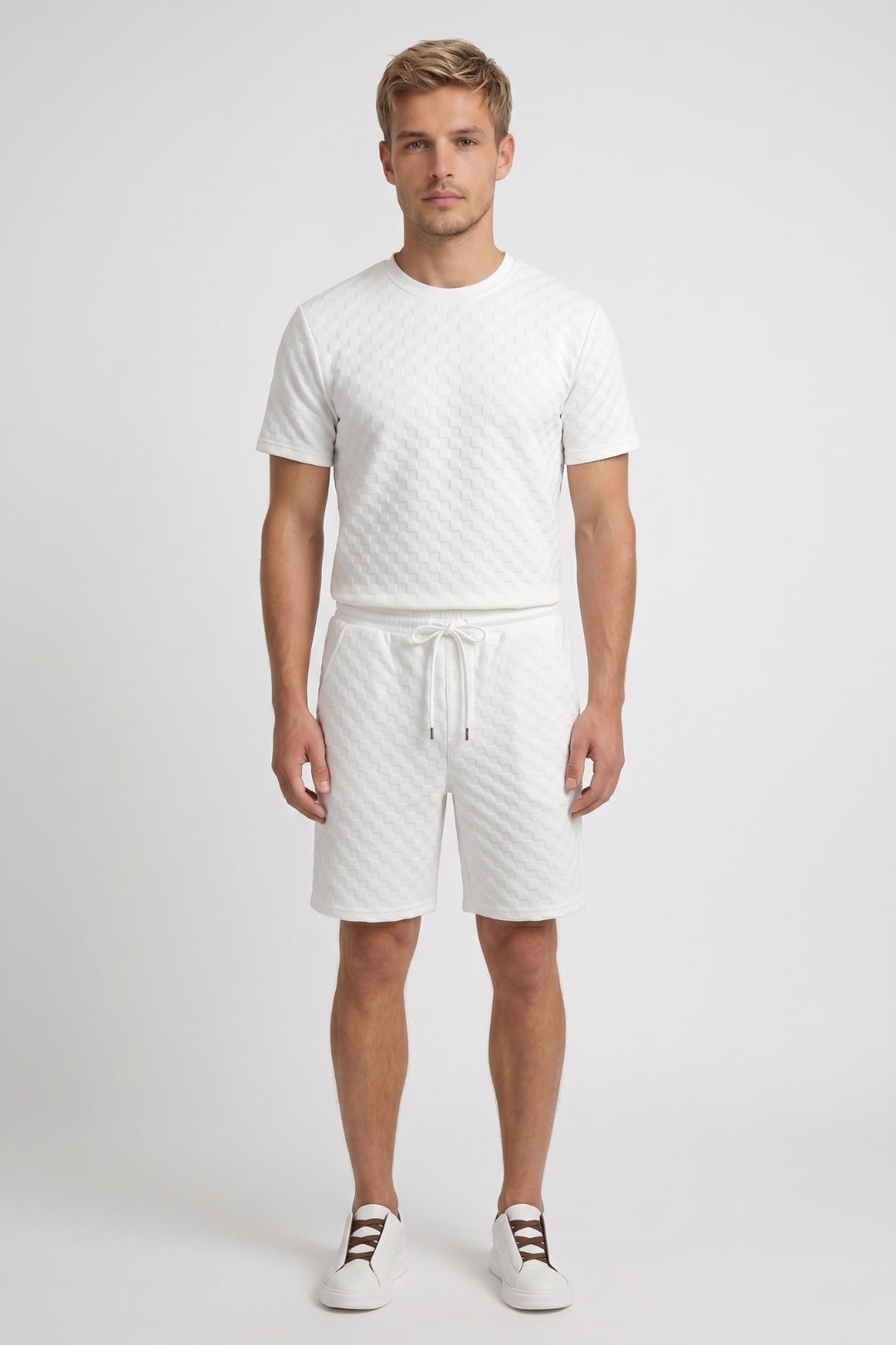 Herre T-shirtsæt Med Vaffeltekstur Og Afslappede Shorts Med Snøre