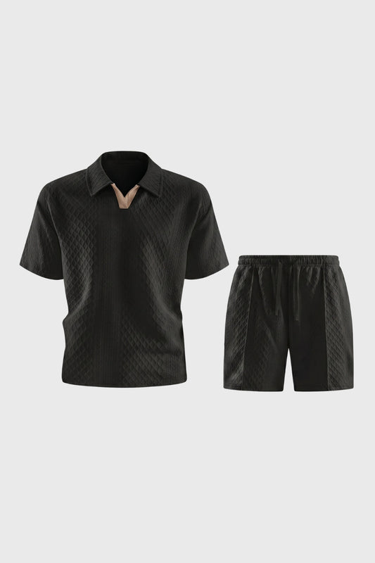 Set polo texturat bărbați cu pantaloni scurți resort cu șnur  
