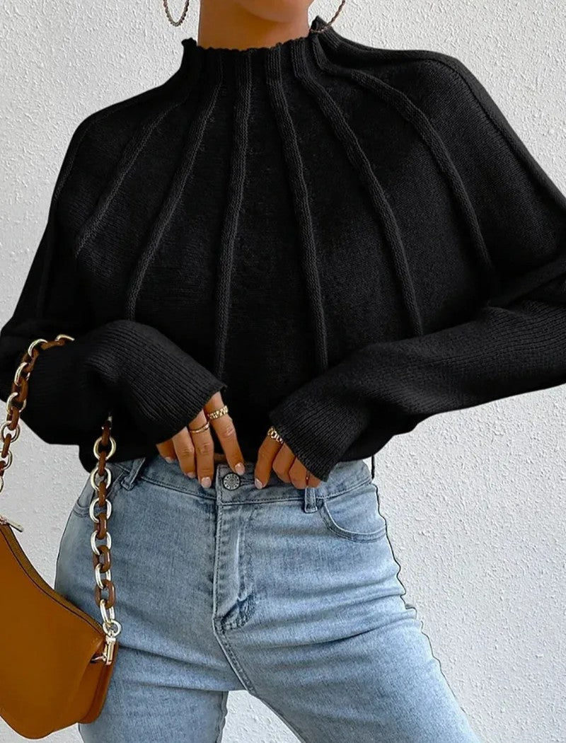 Damski sweter o splocie prążkowanym z łódkowym dekoltem i rękawami nietoperzami - elegancki model z krótkim golfem i rozszerzanymi mankietami na jesień i na co dzień
