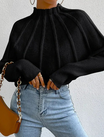 Damski sweter o splocie prążkowanym z łódkowym dekoltem i rękawami nietoperzami - elegancki model z krótkim golfem i rozszerzanymi mankietami na jesień i na co dzień