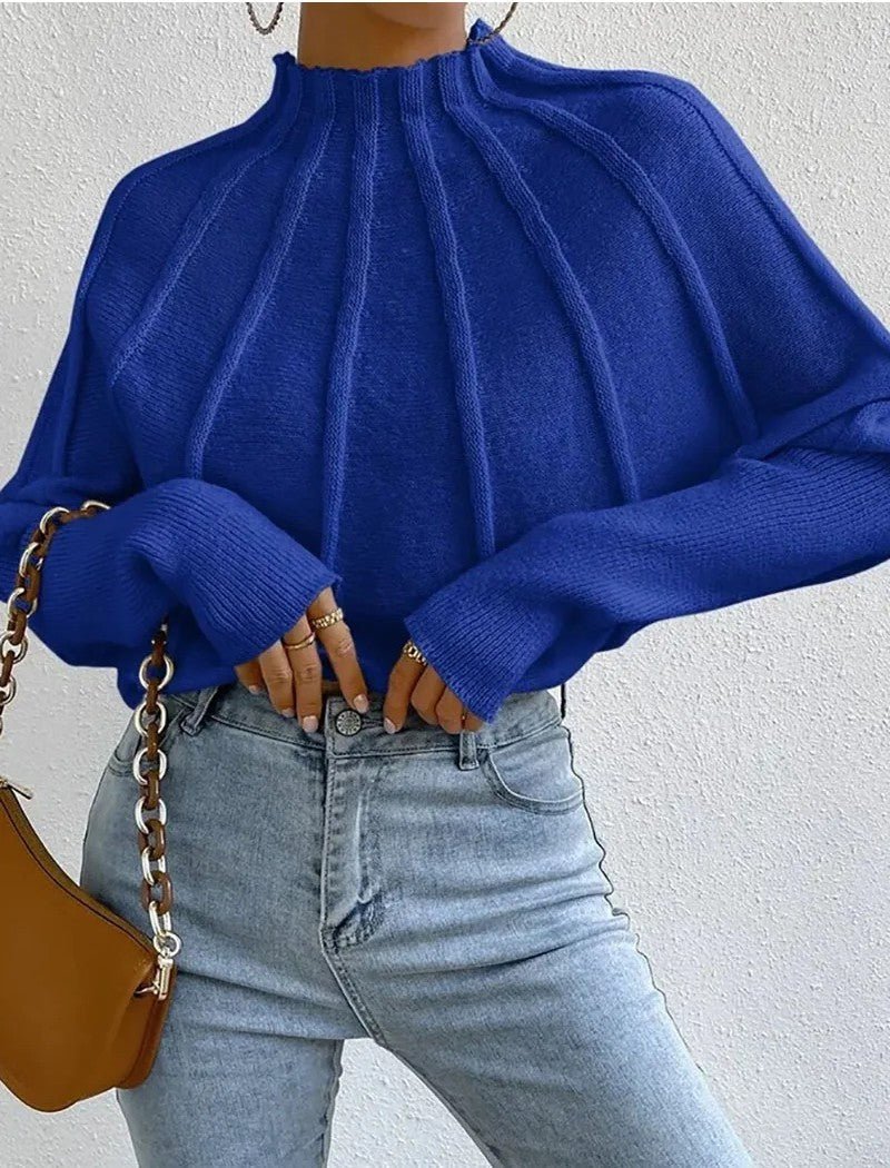 Damski sweter o splocie prążkowanym z łódkowym dekoltem i rękawami nietoperzami - elegancki model z krótkim golfem i rozszerzanymi mankietami na jesień i na co dzień