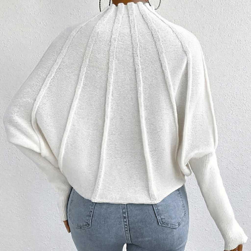 Damski sweter o splocie prążkowanym z łódkowym dekoltem i rękawami nietoperzami - elegancki model z krótkim golfem i rozszerzanymi mankietami na jesień i na co dzień