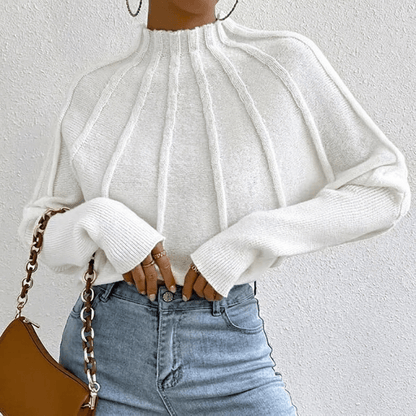 Damski sweter o splocie prążkowanym z łódkowym dekoltem i rękawami nietoperzami - elegancki model z krótkim golfem i rozszerzanymi mankietami na jesień i na co dzień