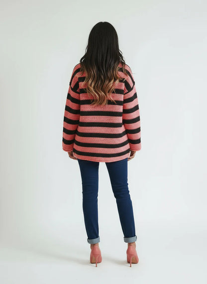 Women's oversized striped sweater with textured knit - long-sleeved sweater with a loose fit for fall and winter