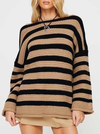 Women's oversized striped sweater with textured knit - long-sleeved sweater with a loose fit for fall and winter