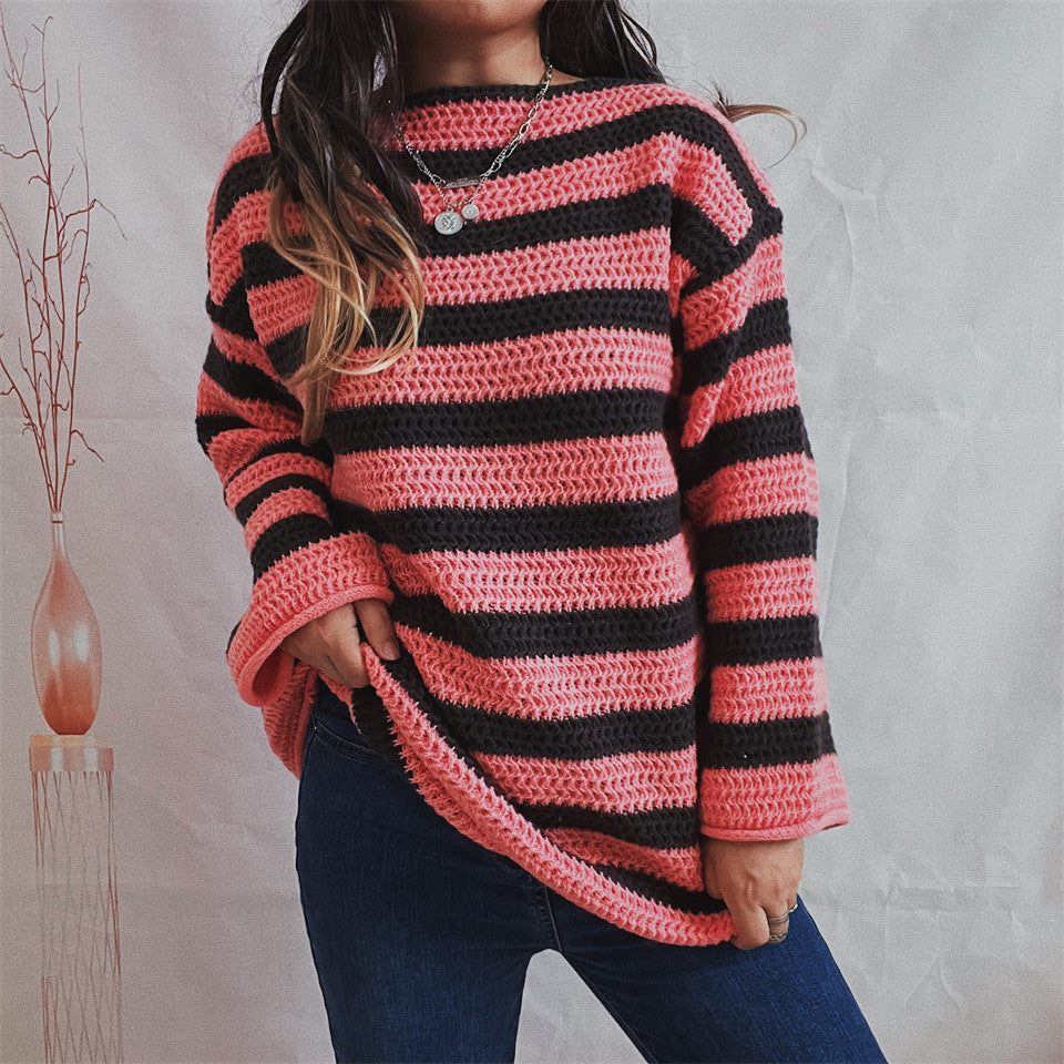 Women's oversized striped sweater with textured knit - long-sleeved sweater with a loose fit for fall and winter