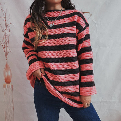 Women's oversized striped sweater with textured knit - long-sleeved sweater with a loose fit for fall and winter