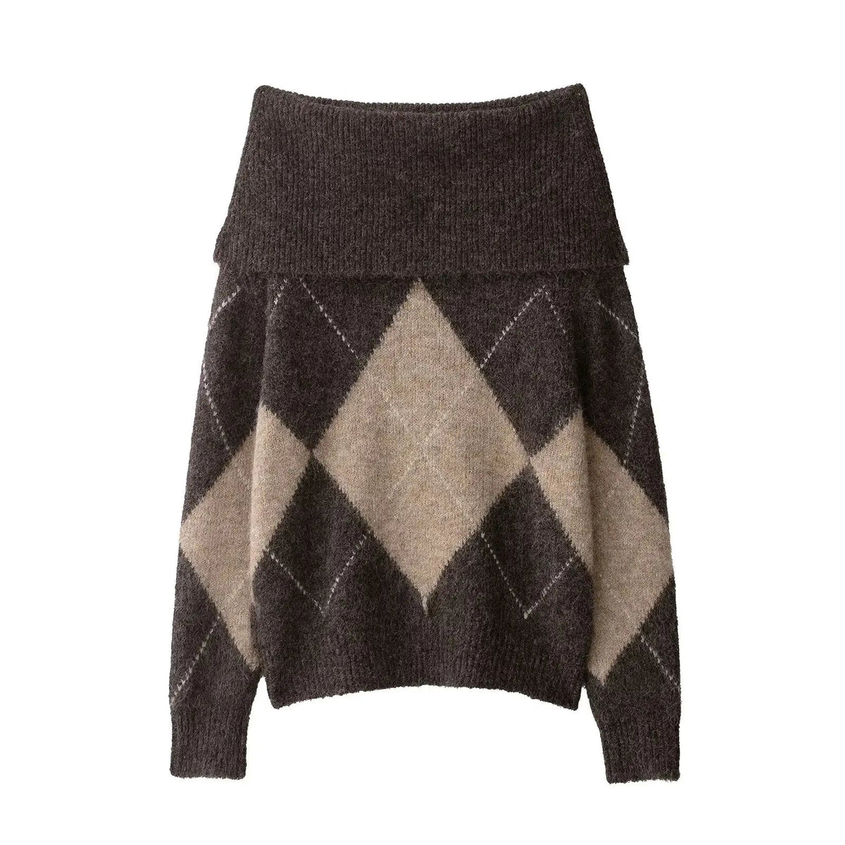 Women's off-shoulder sweater with argyle pattern - relaxed sweater with folded neckline for fall and everyday wear