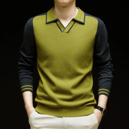 Męski sweter polo z długim rękawem – sweter z dzianiny z kontrastowym kołnierzykiem Johnny i ściągaczami do stylu smart casual i na co dzień