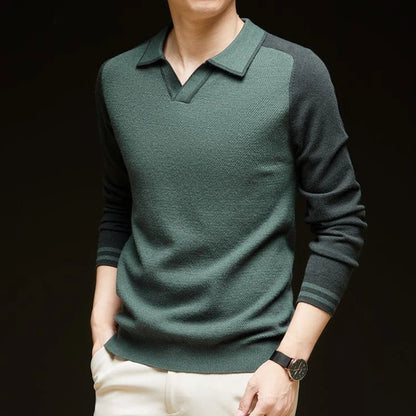 Męski sweter polo z długim rękawem – sweter z dzianiny z kontrastowym kołnierzykiem Johnny i ściągaczami do stylu smart casual i na co dzień