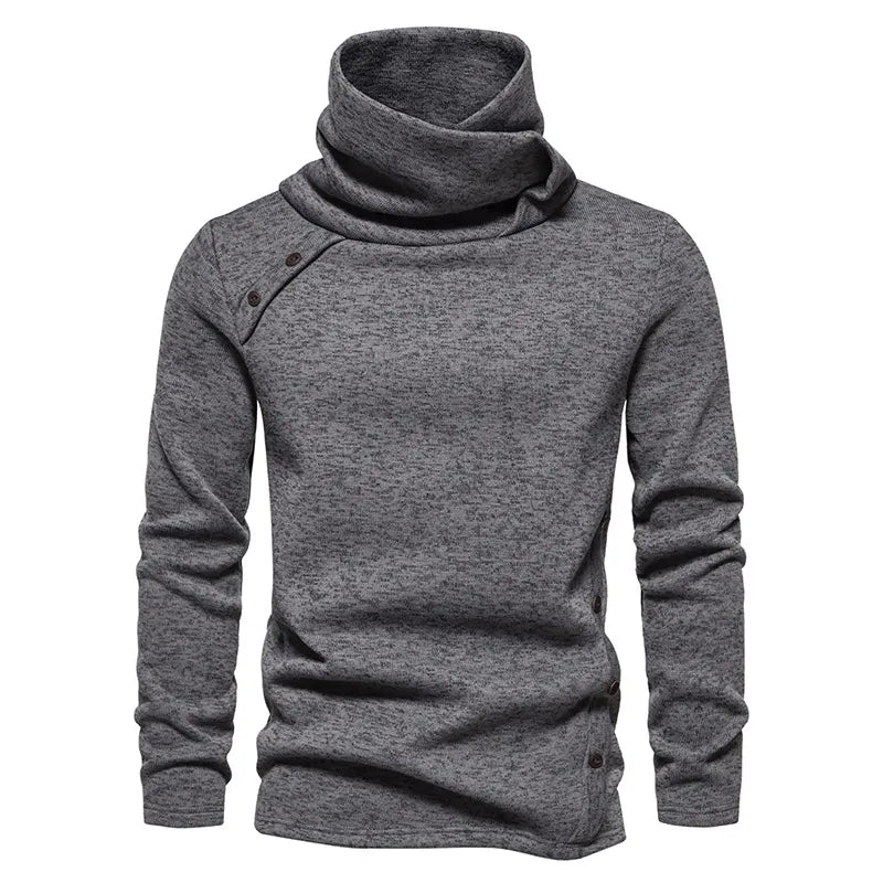 Herre Vinterstrik Med Høj Krave – Langærmet Pullover Med Draperet Krave Og Knapdetaljer Til Kolde Dage, Hverdagsbrug Og Smart Casual Stil
